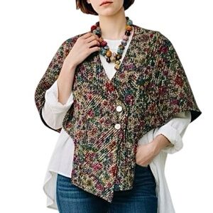 Y2K Multi Color Tweed Collar Cape Jacket Asymmetrical Button Front Lined Large